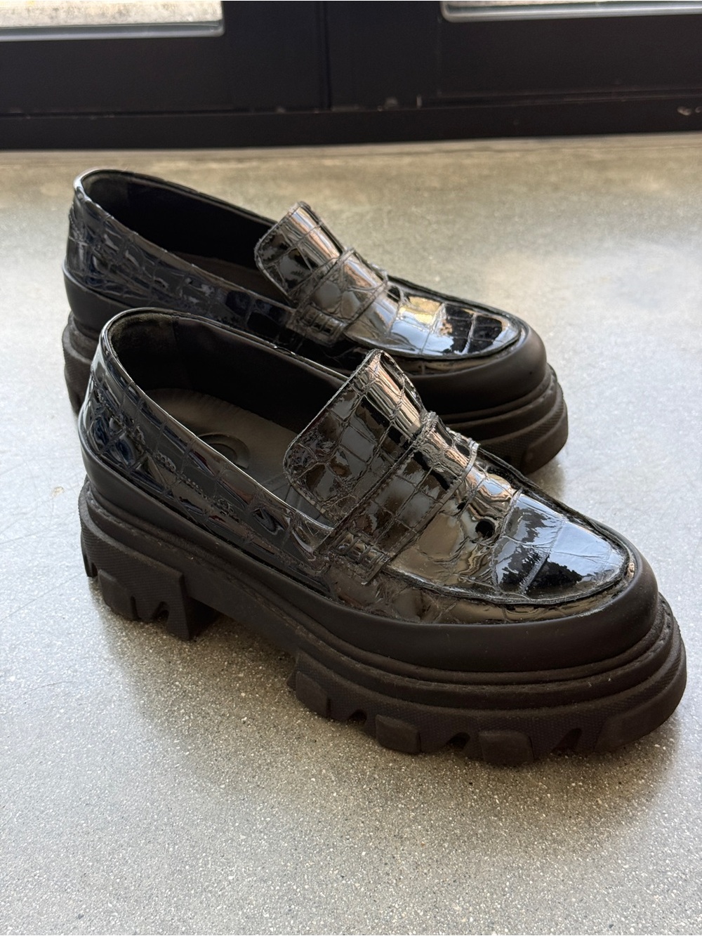 Black Ganni Patent Croc-Embossed Cleated Chunky Loafers